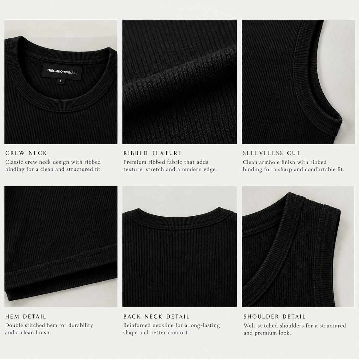 THECMKORIGINALS Vector Heavy Ribbed Tank Top – Onyx Black and white
